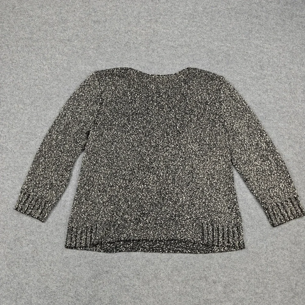 Eileen Fisher Sweater Womens Medium Black White 100% Cotton‎ V Neck Open Knit
